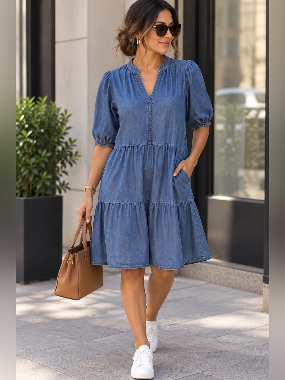 Velvet Heart Chambray Tiered Midi Dress Blue Size L